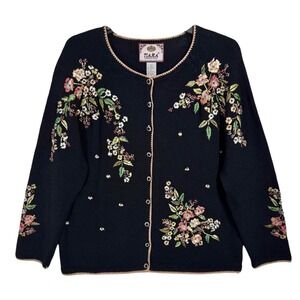 Vintage Y2K Floral Embroidered Cardigan Sweater Black Size L Sequin Cottagecore